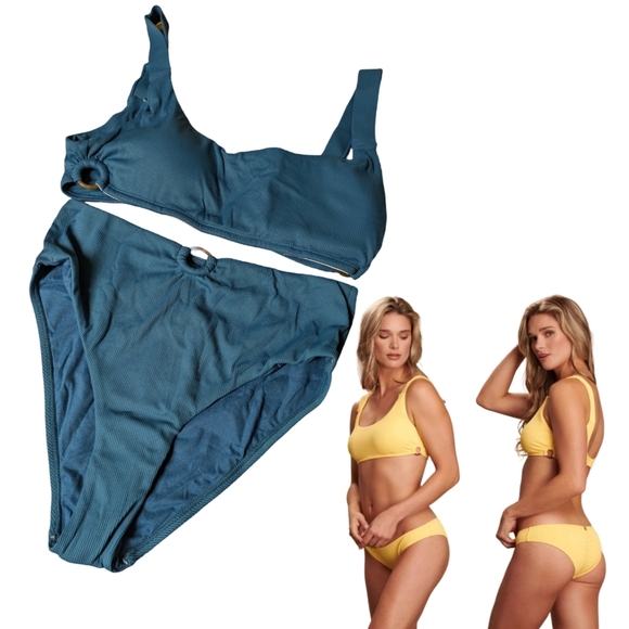 Quintsoul Ribbed Highrise Bikini Blue with Acrylic Circle Accents NWT - Picture 1 of 12